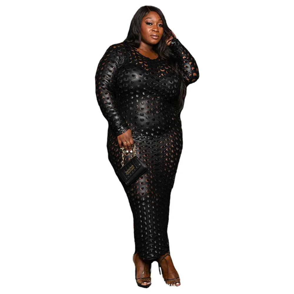 

Plus Size Fashion See-through Ripped Women Clothing Hollow Out Round Neck Long Sleeved Sequins Sexy Evening Dresses Wholesale
