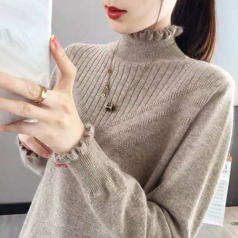 

Lucyever 2021 Autumn Winter Ruffles Sweater Women Elegant Long Sleeve Turtleneck Sweaters Korean Fashion Warm Knitted Pullovers