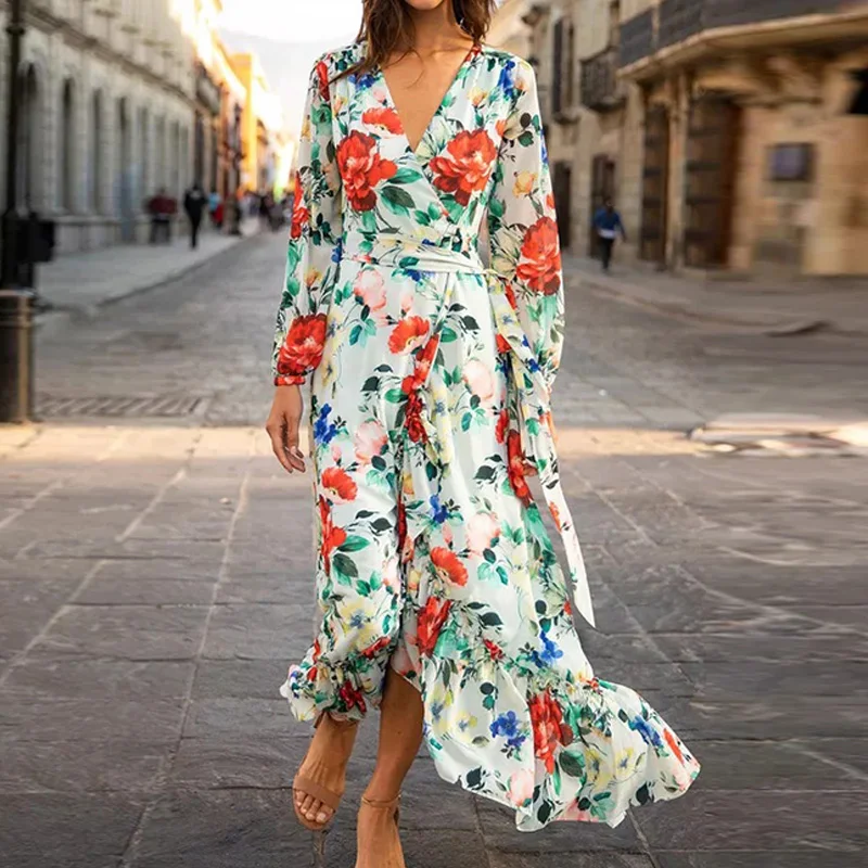 

Женское шифоновое платье-макси с V-образным вырезом и длинным рукавом