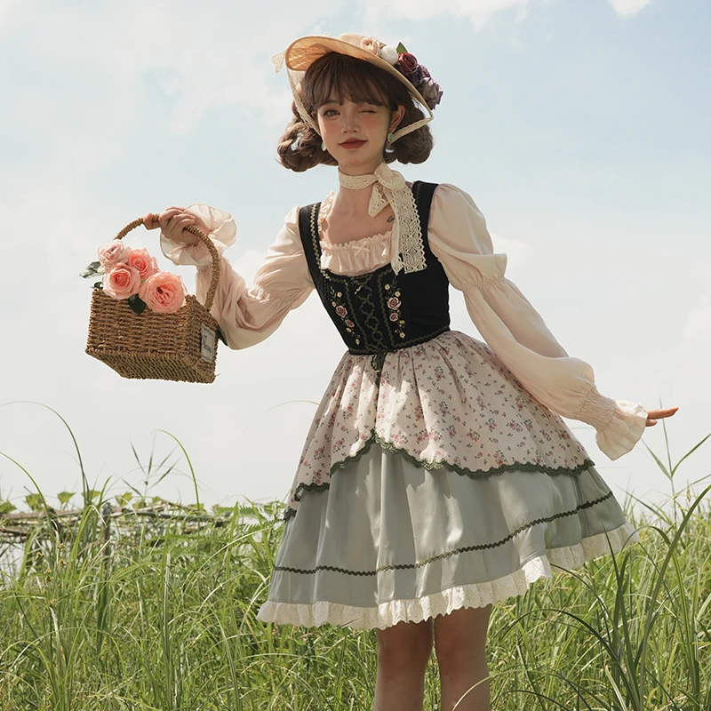 

Japan Vintage Victorian Style Lolita Dress Women Off-shoulder Blouse Rose Embroidery Floral Jsk Dresses Suit Kawaii Lolita Sets