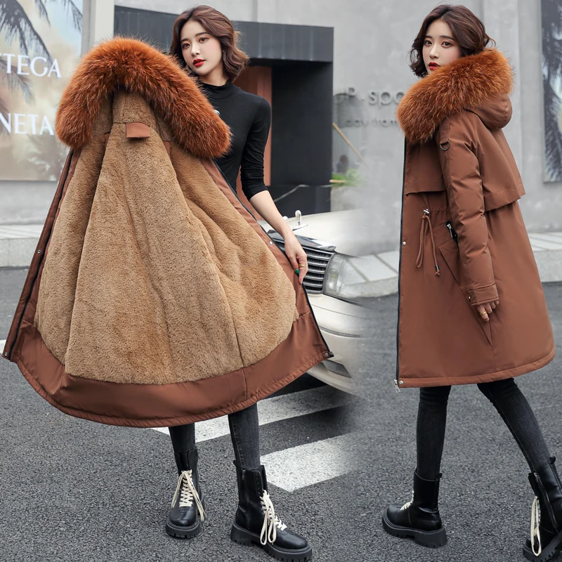 Winter Jacket Women 2022 Fashion New Fur Lining Warm Padded Parkas Hooded Snow Thick Solid Long Cotton Coat Tops Famale Clothing