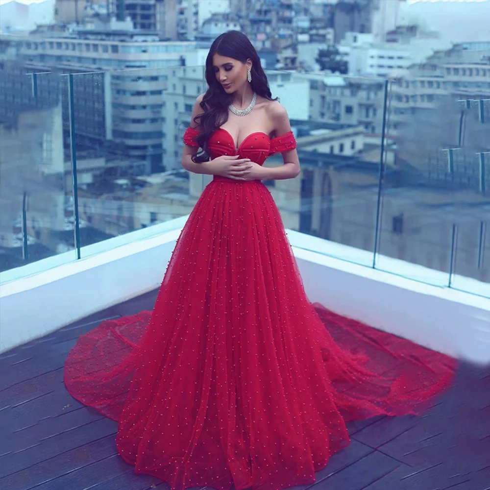 

Pastrol Evening Dress For Women Off The Shoulder Sweetheart Lace Up Prom Dress Tulle Beading A-Line Sweep Train Robes De Soirée