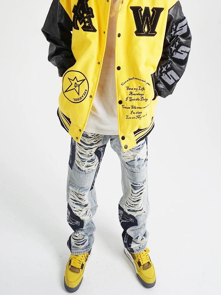 Men's Vintage Ripped Jeans Clothes Spring Y2K Fashion Trousers Cross Splicing Streetwear Straight Baggy Pants for Men Men Pants