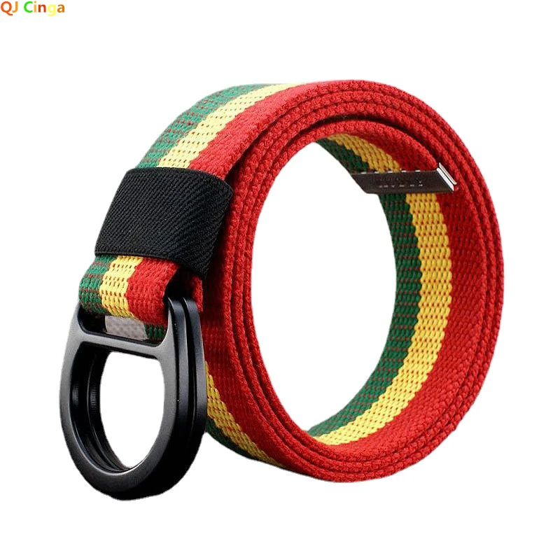 Striped Canvas Belt Men and Women Universal Half Round Double Buckle Belt Fashion Casual Outdoor Cinturon Man Waistband 90-180CM