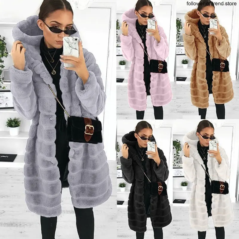 Autumn  winter long fox fur faux fur coat women's medium long Korean fashion fitted hooded warm coat pure color long jacket