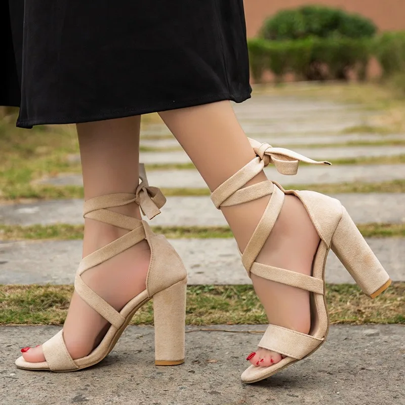 2022 New Lace Up Square Open Toe Sandals Women Flared Chunky Heel Cross Lace Up High Heels Summer Gladiator Shoes Ankle Strap