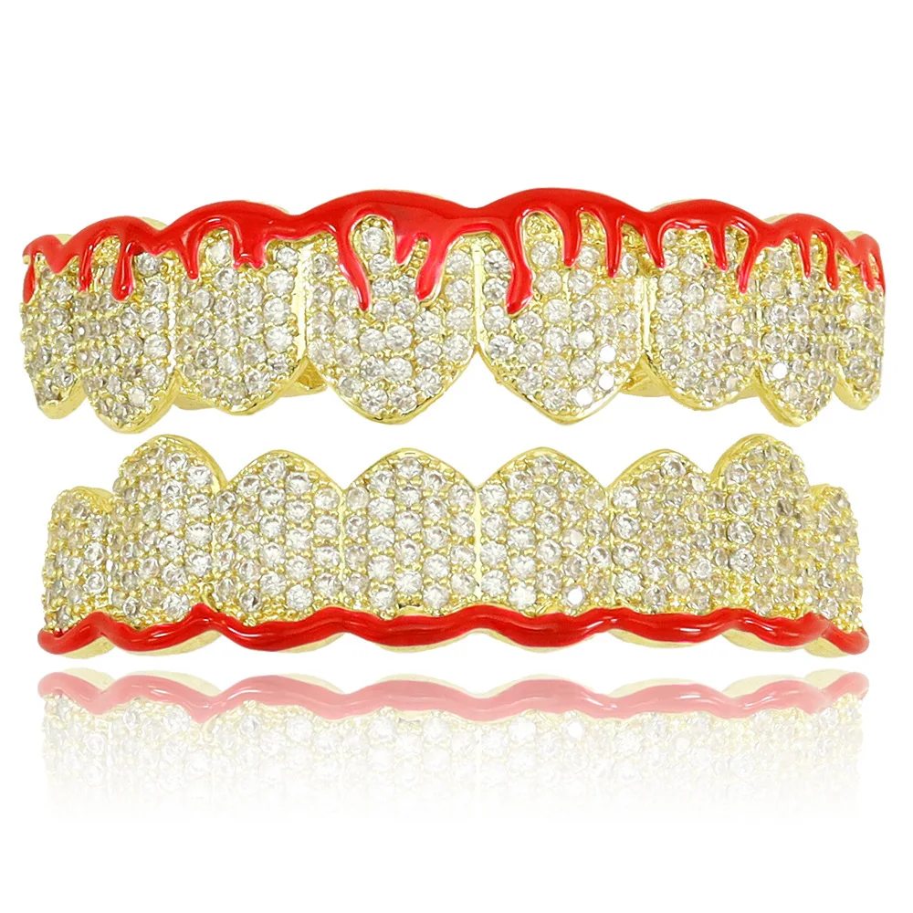 CZ Teeth Grillz Caps Red Drip Oil Cubic Zircon Iced Out Micro Pave Top&ampBottom Charm Grills For Men Women Jewelry Xmas Gift