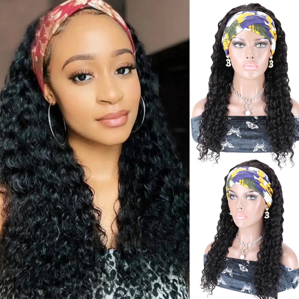 Curly Headband Wig 100% Human Hair Water Wave Headband Wigs for Black Women 30inch 150% Density Glueless Straight Headband Wig