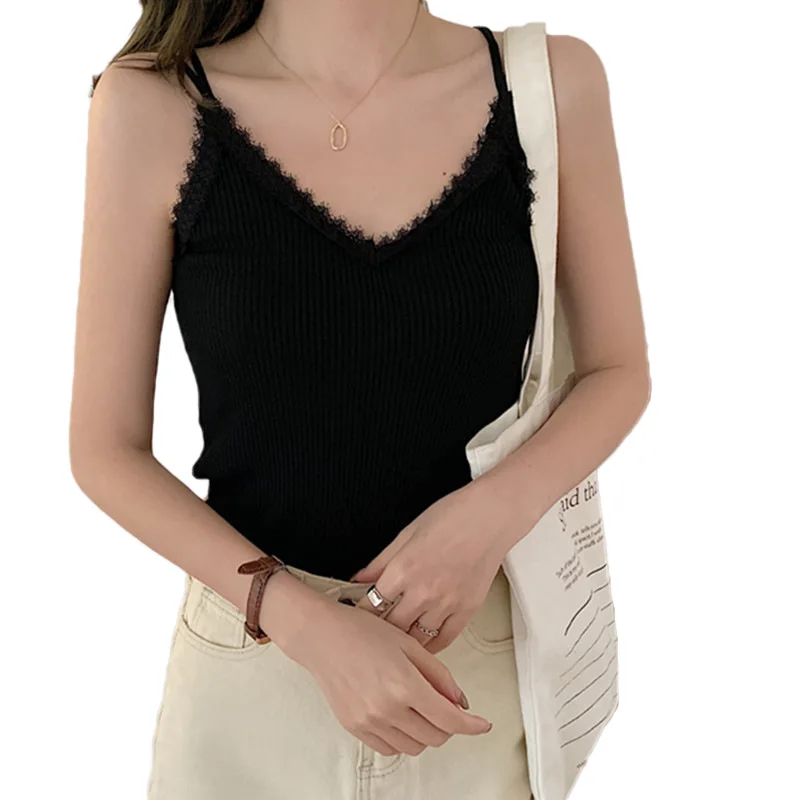 

Sexy knitted suspender vest female spring and summer outside wear black inside lap V-neck sleeveless leggings lace top