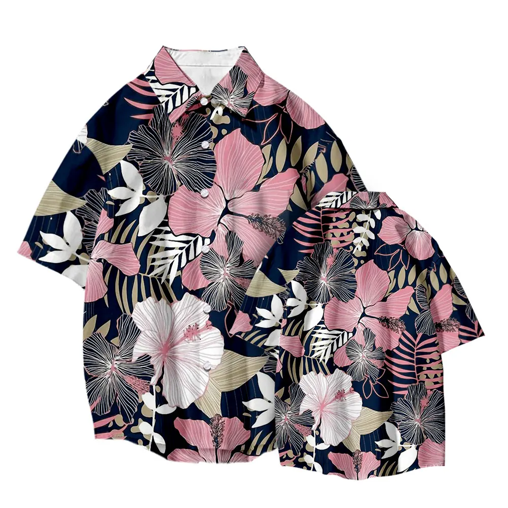 

Lianshuo Summer Men's Clothing Women's Short-sleeved Casual Sweater Four-way Stretch Shirt Loose Shirt Nature Leaf Print
