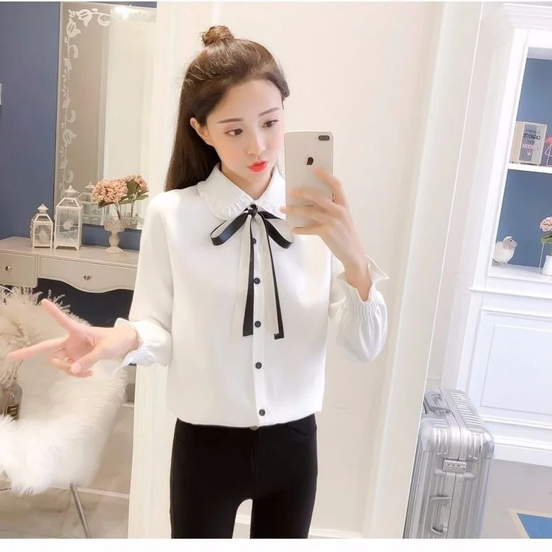 

Casual Solid Ruffled Lace Women Blouse Spring Embroidery Button Band Collar Shirt Female Fashion Summer Lady Top Women
