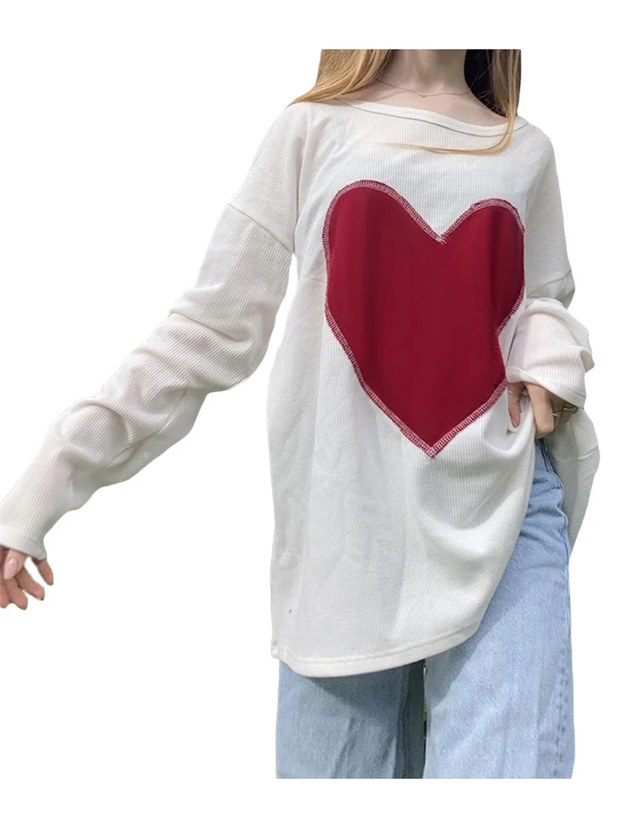 

Women Fashion Trend Wild T-Shirts Heart Print Round Neck Long Sleeve Tops Autumn Winter Casual Loose Pullovers