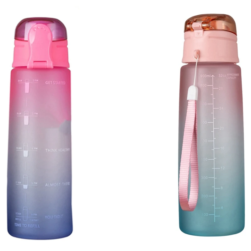 

2X 32Oz Fitness Water Bottle With Time Marker Water Jug For Gym Outdoor Office Work Gradient-Pink & Gradient-Orange