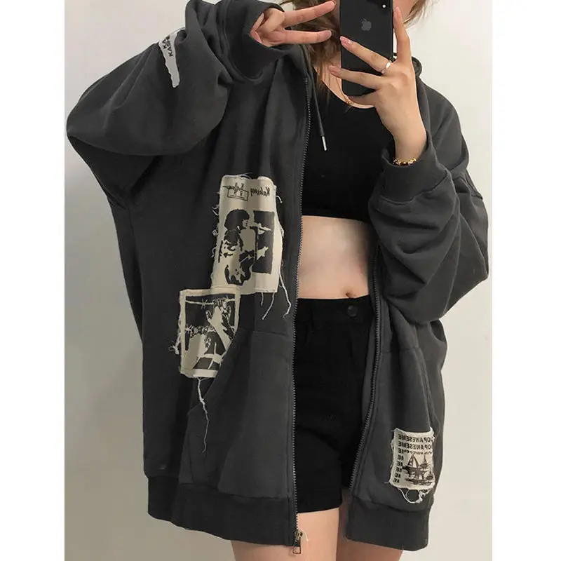 HOUZHOU Grunge Готическая Женская Толстовка Оверсайз серого цвета Лоскутная черная