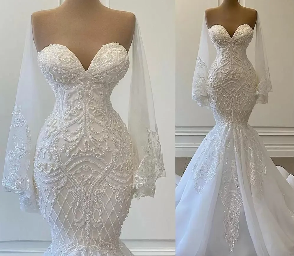 

Luxury Beaded Mermaid Wedding Dresses Bridal Gown Sweetheart Sleeveless Sweep Train Organza 2022 New Vestidos De Noiva
