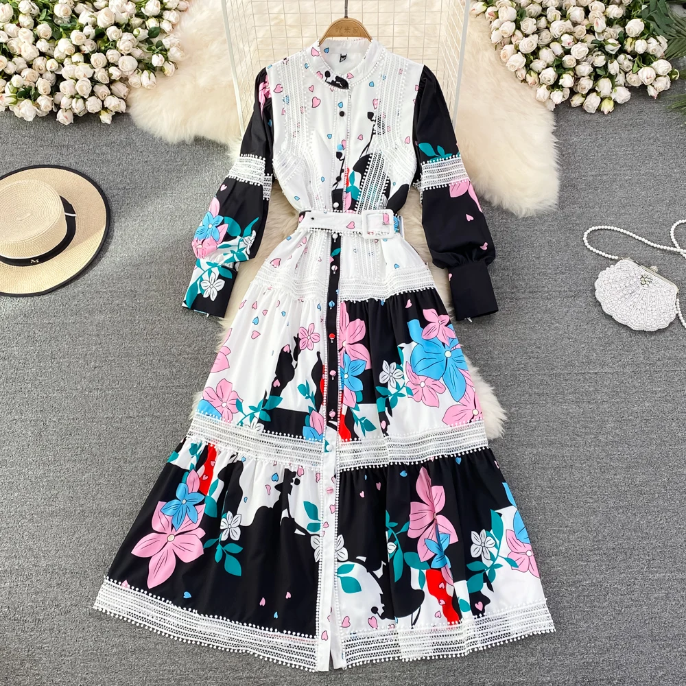 

VANOVICH 2022 Summer New Temperament Stand Collar Single-breasted Lace Hollow Out Patchwork A-line Dress Elegant Long Dress