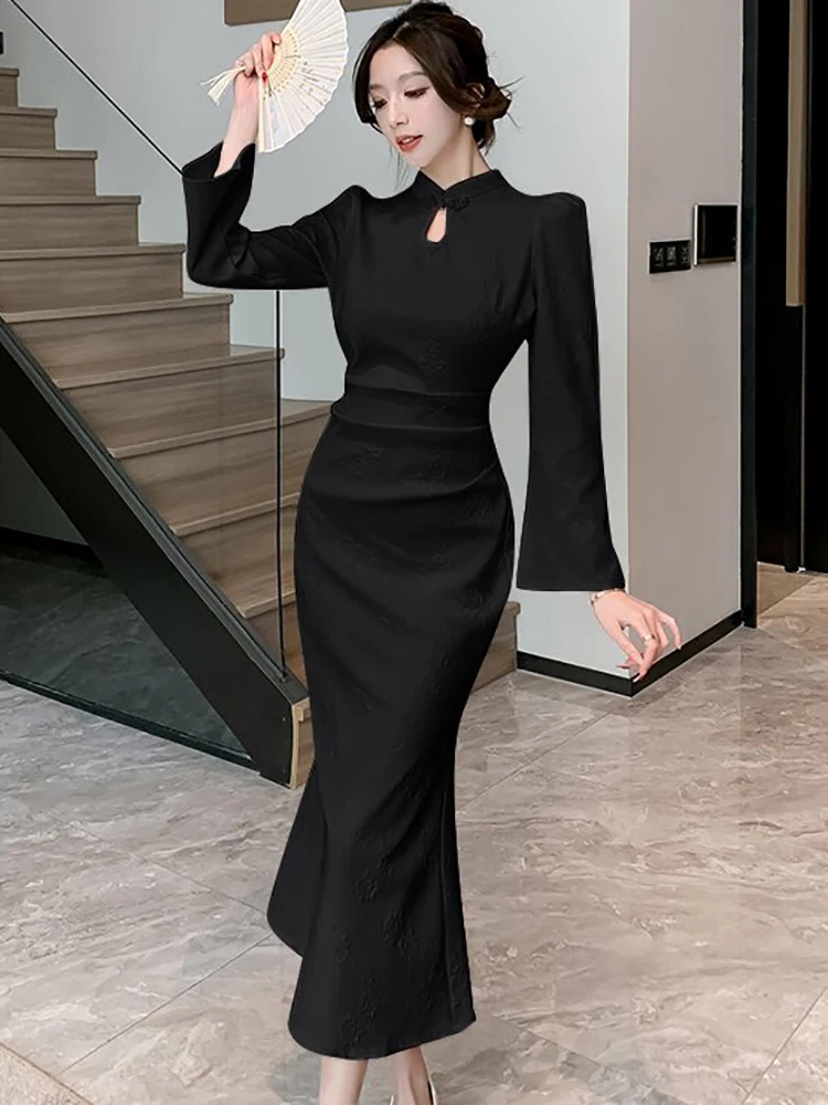 Женское жаккардовое платье с длинным рукавом в Корейском стиле