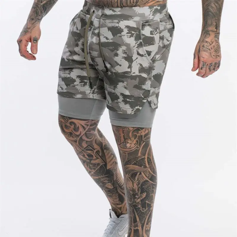 New Summer Fitness Workout Camouflage Men's Shorts Double Layer 2 in 1 Jogger Gym Bodybuilding Fashion Sports Pants
