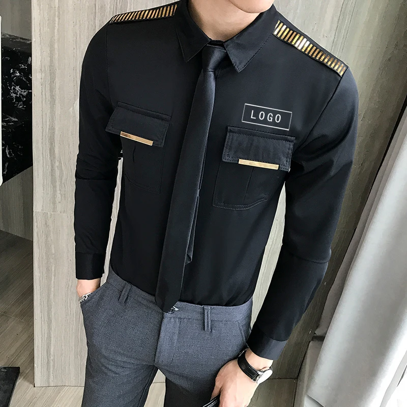 Sequins Epaulettes Shirts for Men 2022 Long Sleeve Casual Slim Fit Shirt Streetwear Social Nightclub Tuxedo Blouse Men Clothing