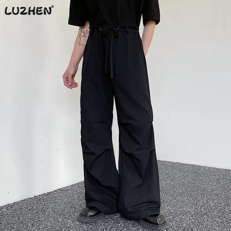 

Брюки-карго LUZHEN E18c16 мужские Плиссированные, повседневные однотонные прямые широкие брюки, мешковатые, в Корейском стиле, тренд оверсайз