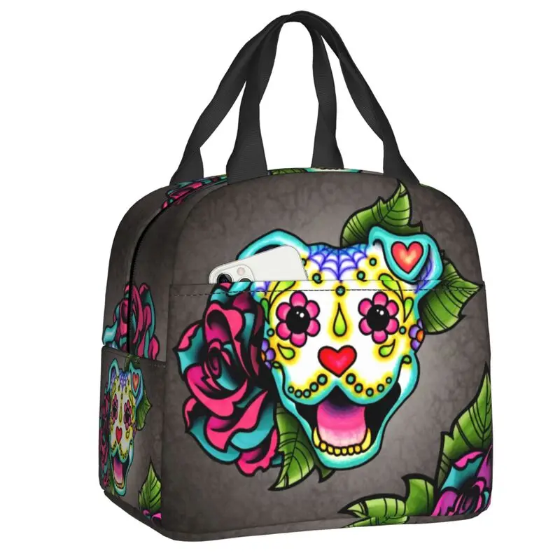 

Smiling Pit Bull In White Portable Lunch Box Pitbull Sugar Skull Dog Bull Terrier Cooler Thermal Food Insulated Lunch Bag