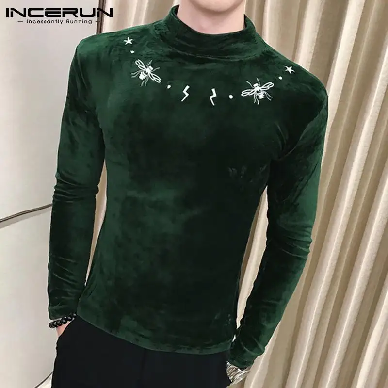 

INCERUN 2022 Осенняя мужская футболка велюр Водолазка с длинным рукавом фитнес вышивка повседневные футболки Топы уличная одежда для отдыха фут...