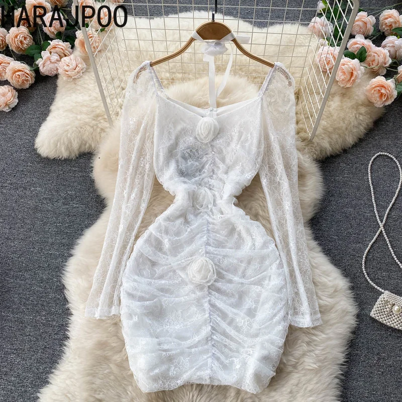 

Dress Harajpoo Ladies Harajuku Flower Vintage 2022 Spring New Waist Stitching V Neck Lace Mesh Sheath Mini Long Sleeve Dresses