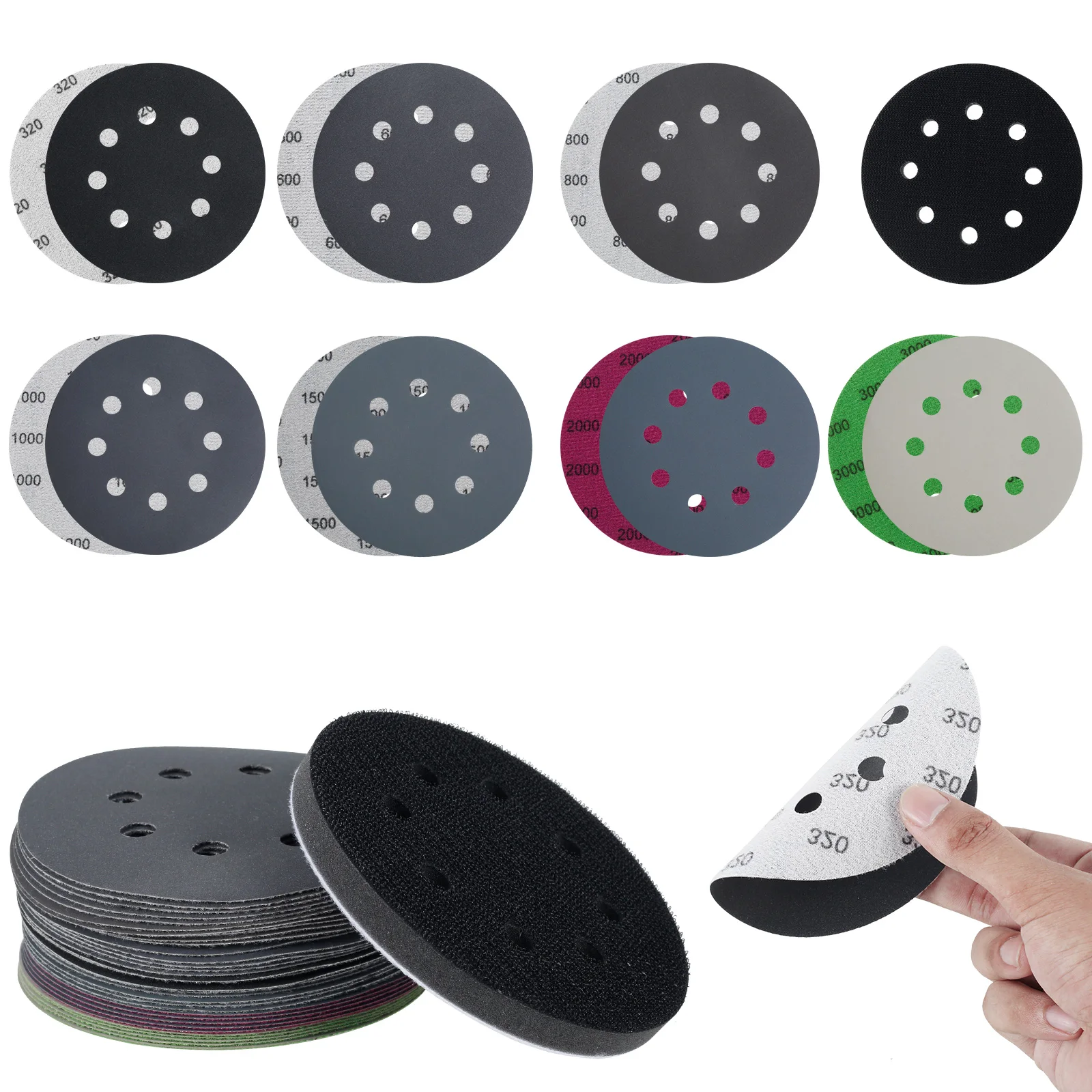 

36Pcs Sanding Disc Pads 5in Silicon Carbide Hook and Loop Sandpaper 320-3000 Mixed Grit 8 Holes Wet Dry Use Sanding Discs Pads