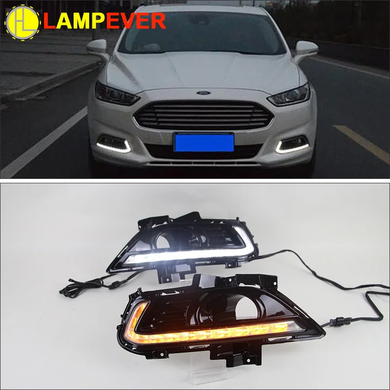 Комплект светодиодных дневных ходовых огней для Ford Mondeo Fusion 2013-2016, дневные ходовые огни, белые, желтые, функция поворота с отверстием для прот...