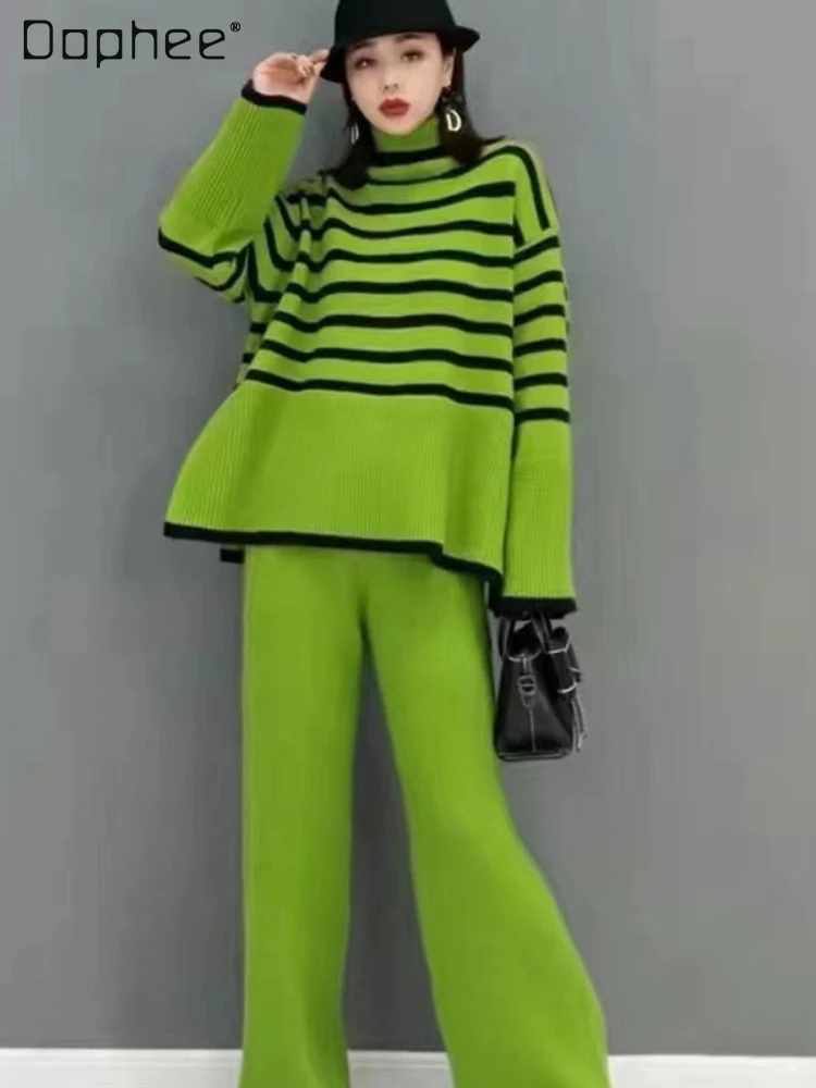 Sweater Suits for Women Autumn and Winter New Turtleneck Sweaters Wide-Leg Pants Loose Slit Sweater with Trousers 2 Pieces Set