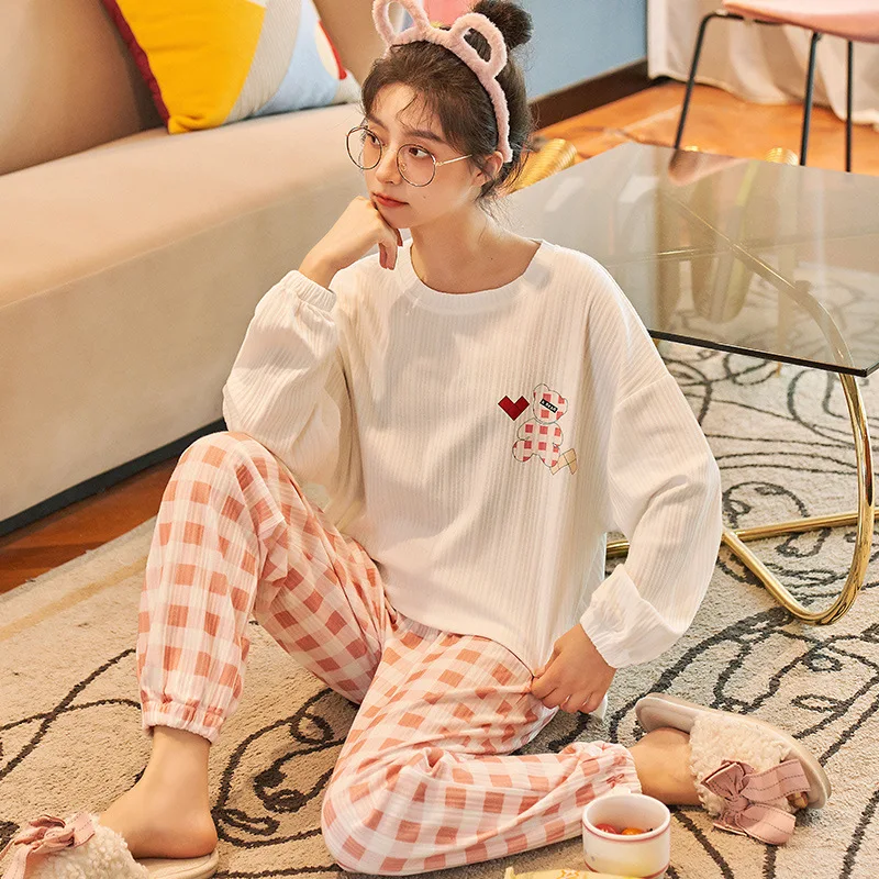 Yasuk Spring Autumn Fashion Women's Casual Lovely Print Cotton Pocket Sleepwear Homewear Cute Pajamas With Pants Heart Plaid
