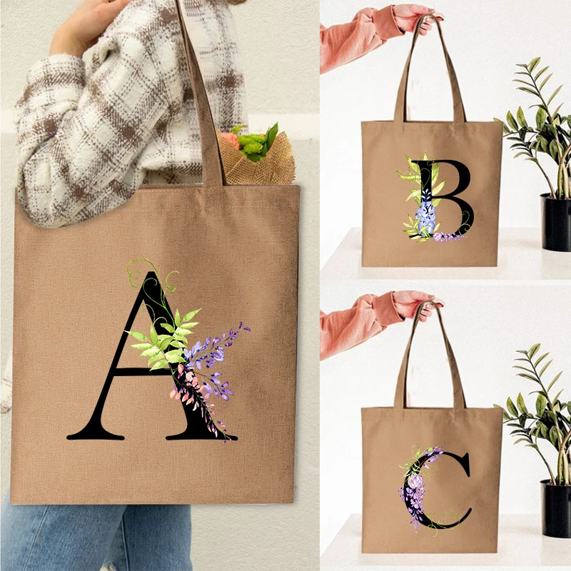 

Woman Shopping Bag Linen Canvas Tote Hand Casual Reusable Simple Letter Print Shoulder Bag Large Capacity Foldable Handbag