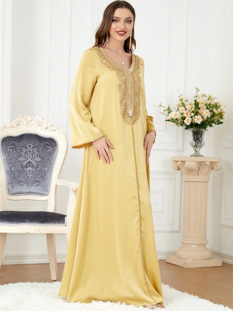 Eid Ramadan Muslim Women Dress Beading Dubai Morocco Party Dresses Arabic Kaftan Vestidos V-neck Elegant Maxi Prayer Abayas 2023