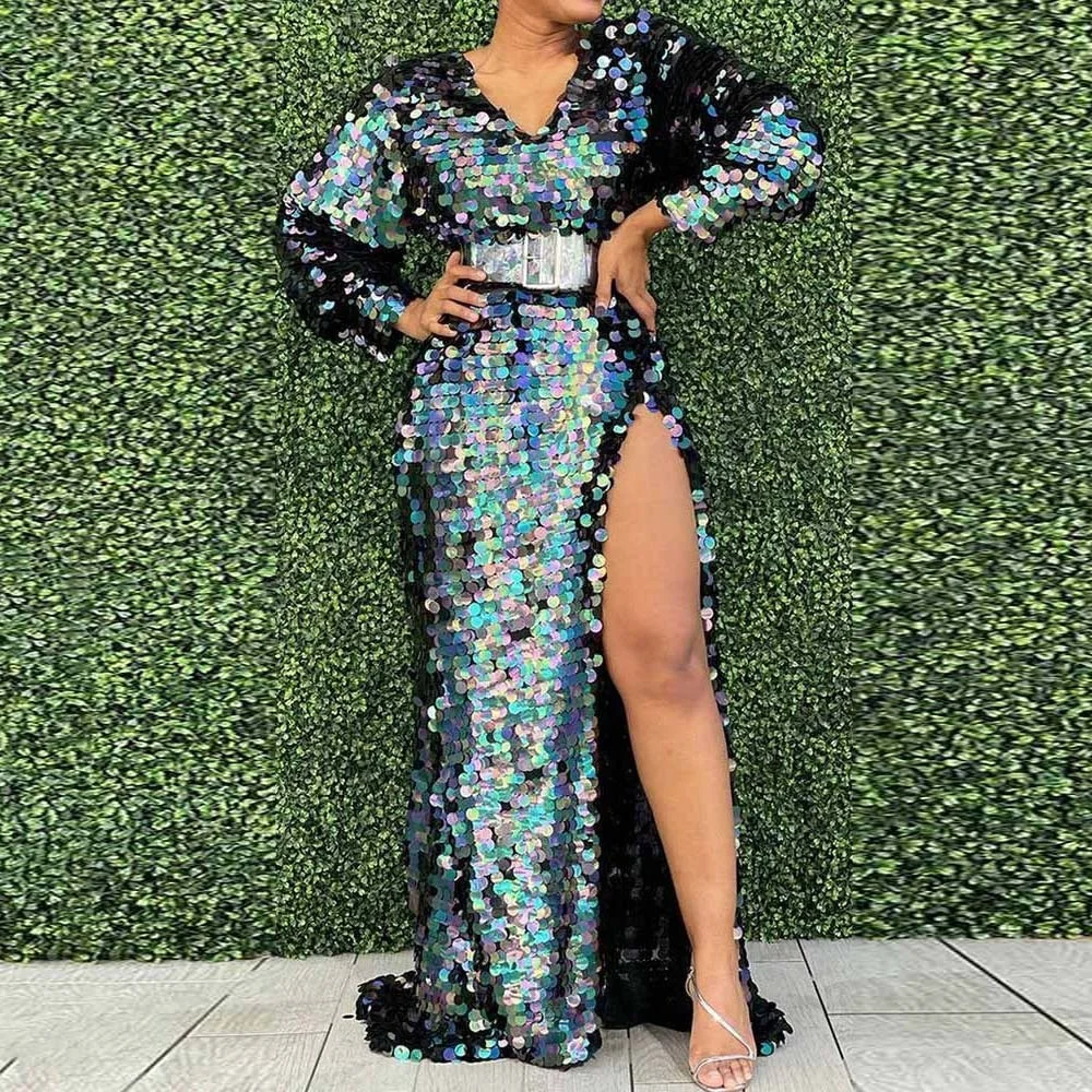 

Bohemia V-Neck Puff Sleeves Sequined Split-Side Maxi Dresses