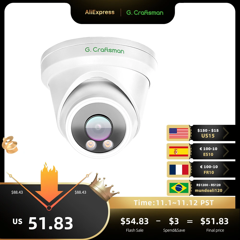 Продажа Полноцветная IP-камера POE SONY Sensor 5MP 4K CCTV H.265 для помещений и улицы, аудио-и видеонаблюдение Onvif Color Vu G.Craftsm