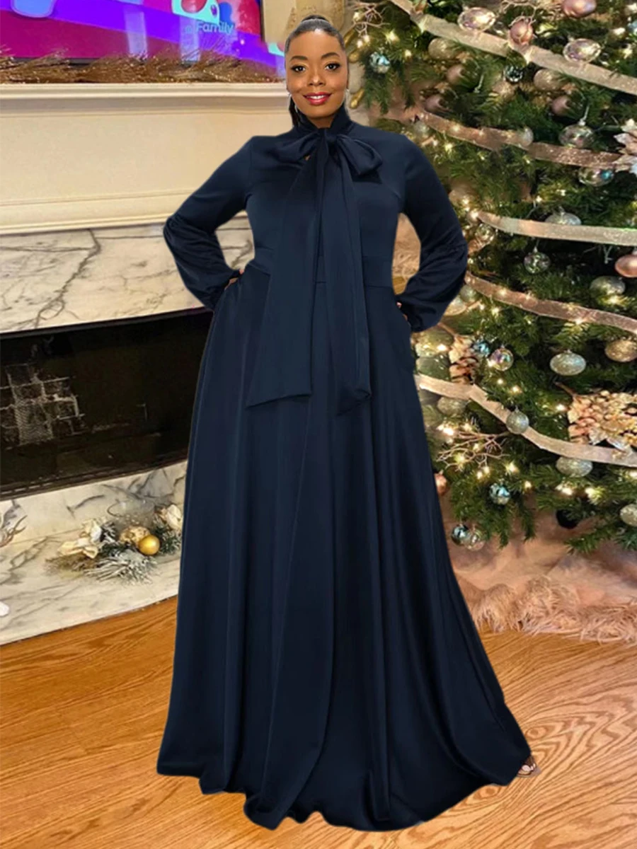 

LW Plus Size Dress Satin Lantern Sleeve Bow Tie Floor Length Prom Dress Evening Dresses High Waist Evening Gowns Party Dress