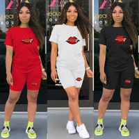 summer mouth print classic womens set sporting short sleeve o neck t shirt shorts legging pants suit two piece set tracksuit