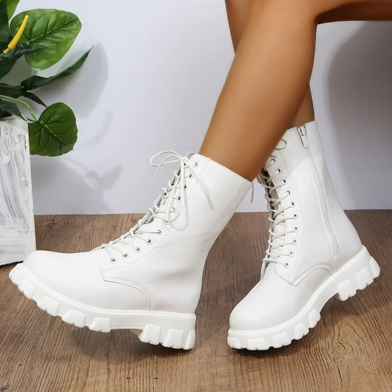 Women Motorcycle Boots Wedges Flat Shoes Woman High Heel Platform PU Leather Boots Lace Up Women Shoes Black Boots Girls