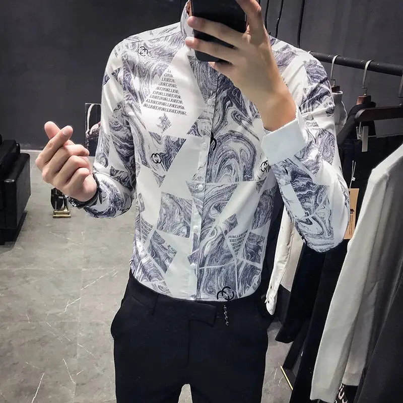 Men's Spring and Autumn Long Sleeve Shirt Korean Slim Print Trend Joker Shirt Handsome Personality Stylist Cardigan Top