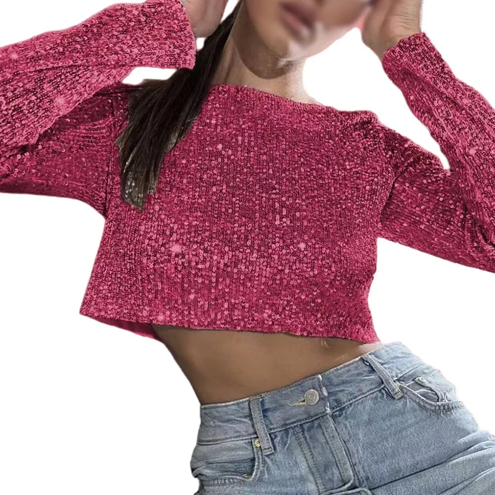 Женский Блестящий укороченный топ с блестками Сексуальная футболка длинным