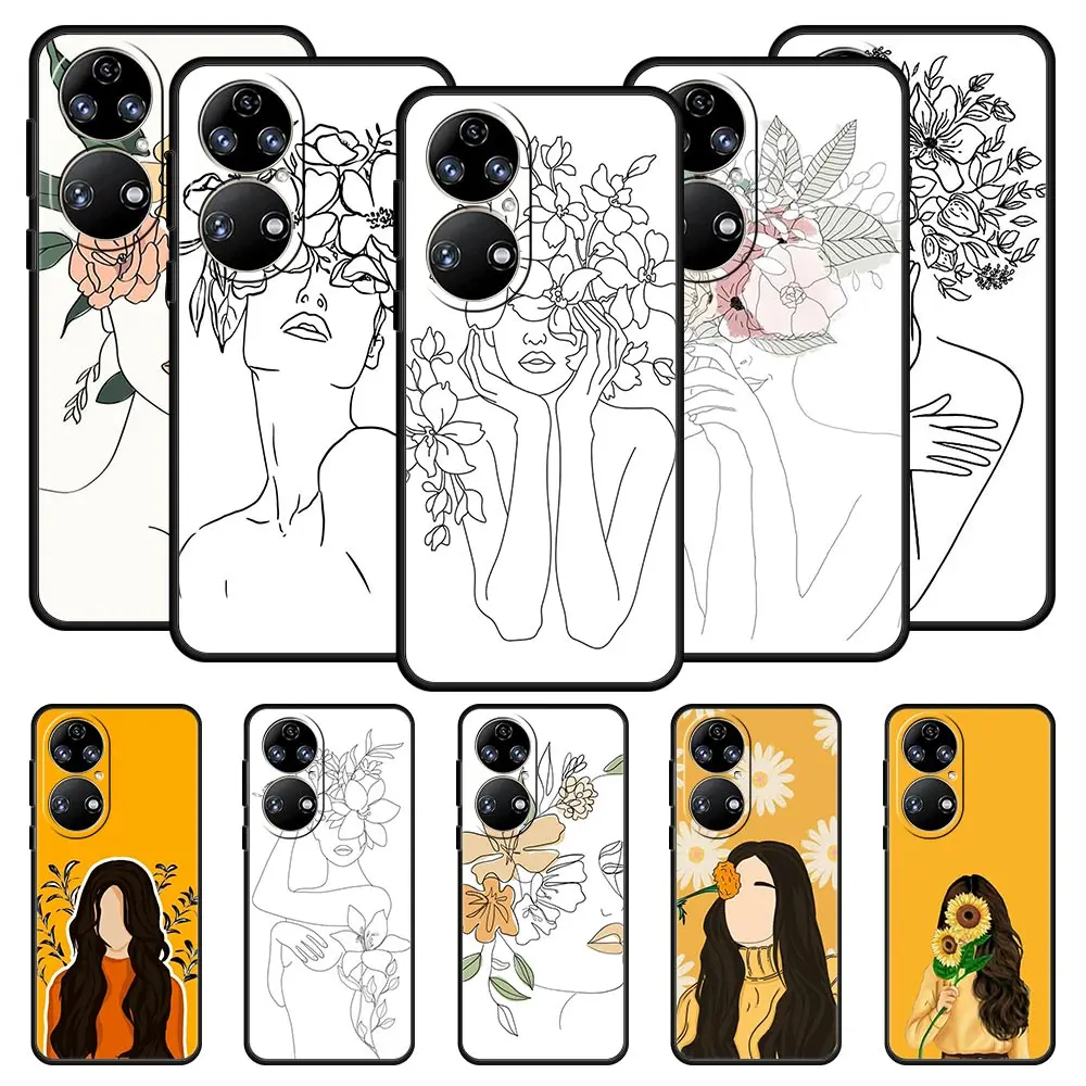 

Line Art Sketch Flower Girl Phone Case For Huawei P50 P30 Pro P20 P40 Lite E P Smart Z 2021 Y6 Y7 Y9 2019 Y6p Y9s Y7a Soft Cover