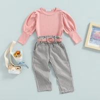 autumn toddler kids girls solid color ribbed round neck long sleeve tops plaid long pants belt 3 pieces outfits set