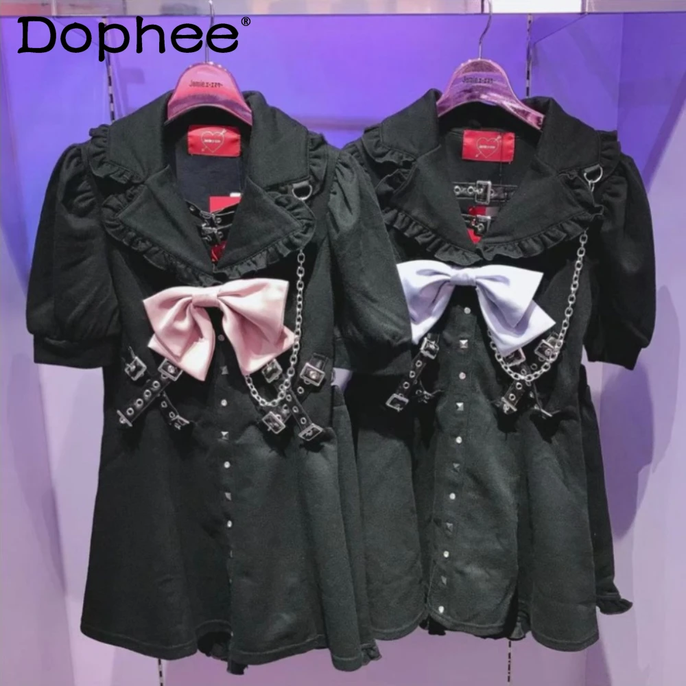 

Japanese Rojita Sweet Cool Mine Y2k Hot Girl Pu Buckle Chain Short Sleeve Ultra Short Dress Clothes Short Set Vestidos De Fiesta