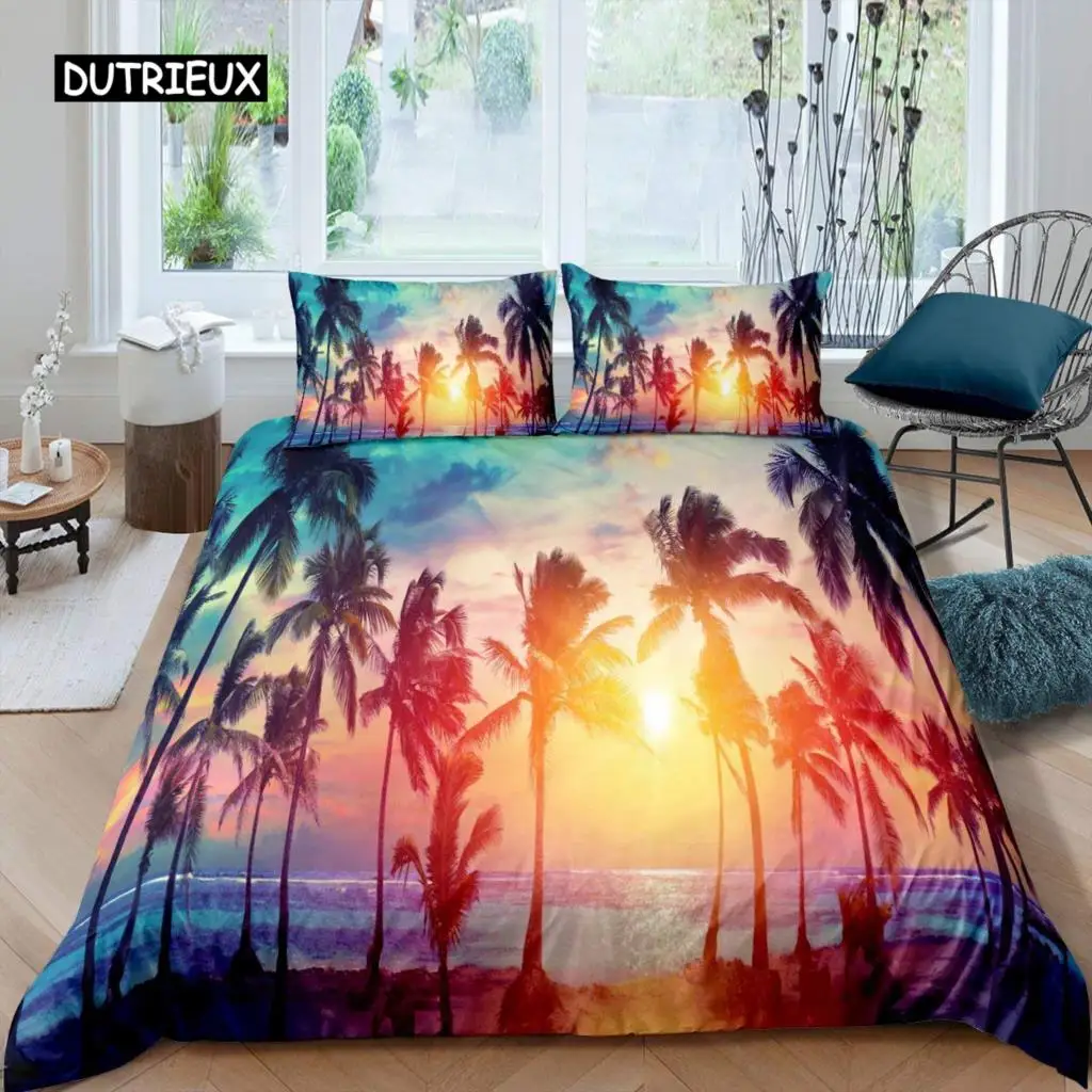 Фото Palm Tree Duvet Cover Set Atoll Lake Bedding Set Miami Florida Sunset Comforter Cover Atlantic Ocean Natural Scene Quilt Cover №1
