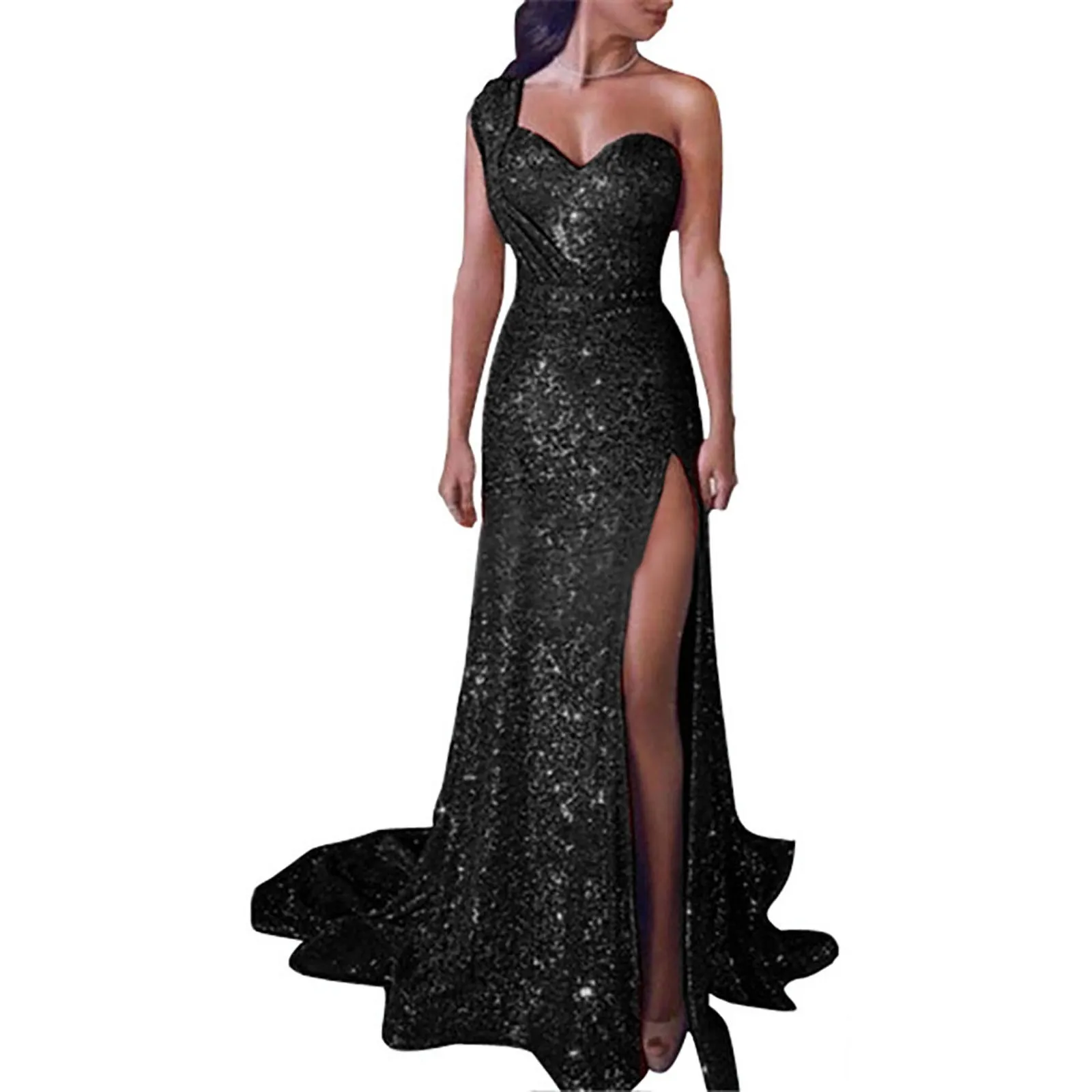 

Sleeveless Dress Dress Sexy Woman Long With Slit Bronzing One-shoulder Women's Dress Patchwork Long Sleeve Party Dresses