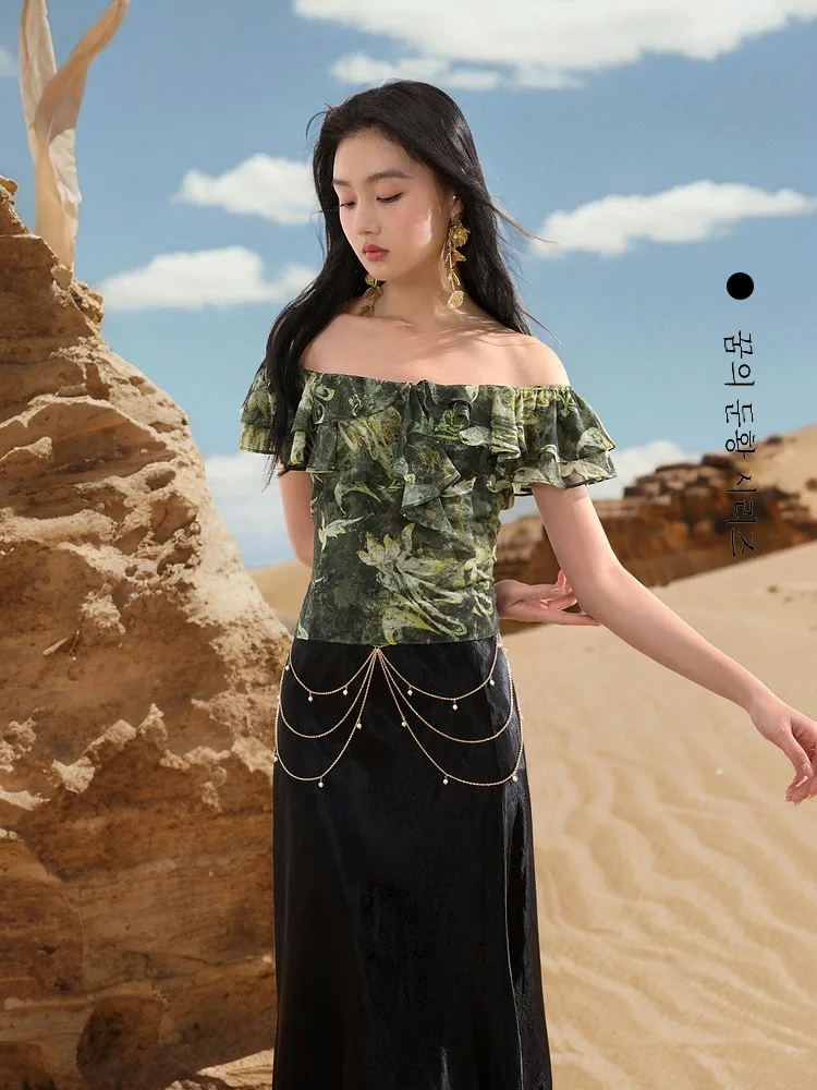 [Tricolor Dream Dunhuang X Linghua Cong] 2024 новый летний топ с оборками на талии китайский тонкий