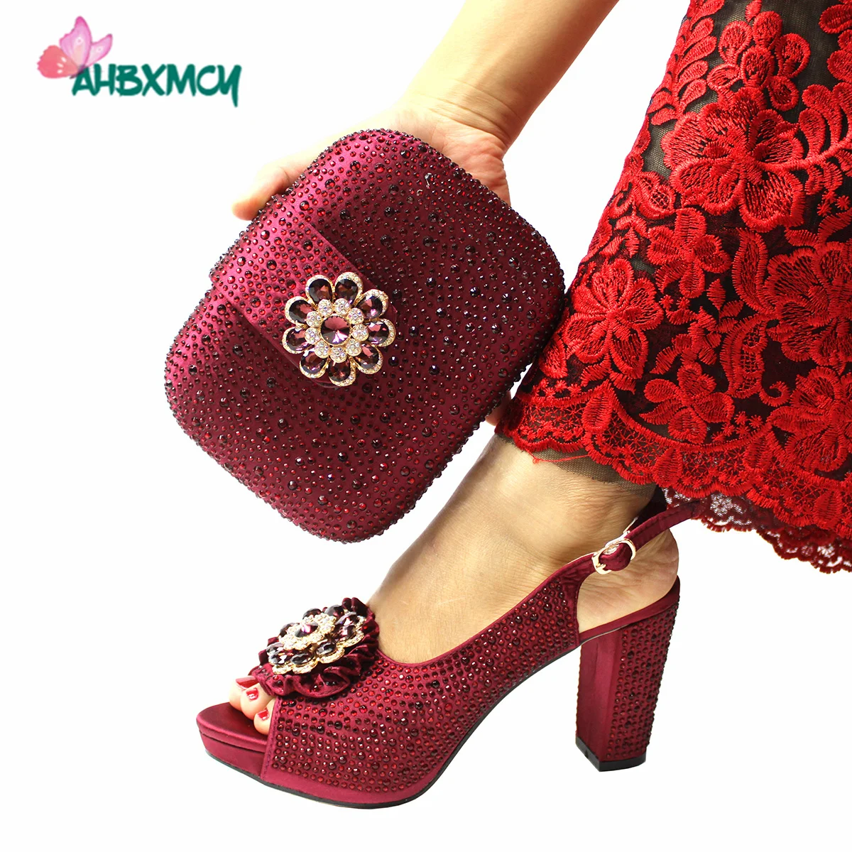 

Summer New Design in Wine Nigerian Women Shoes and Bag Set Italian Ladies Can Matching Evening Bag Mature Style for Wedding