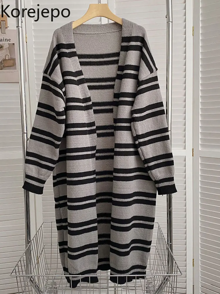 

Женский Длинный свитер в полоску Korean jepo осень-зима 2022 Новинка корейский топ Свободное универсальное Повседневное трикотажное платье с длин...
