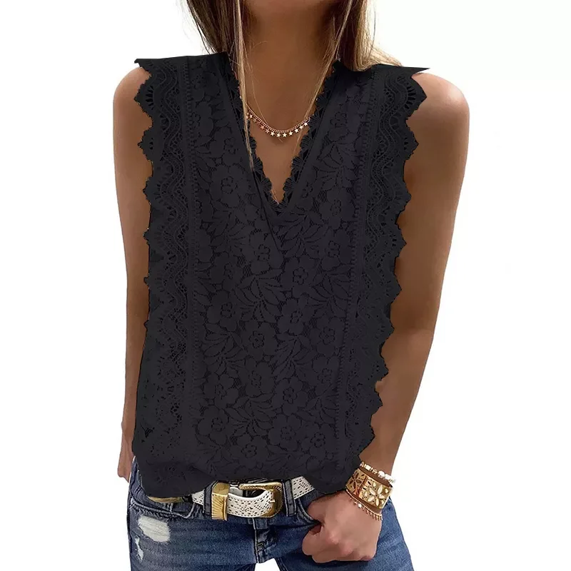 

2022NEW Solid Lace Sleeveless V-Neck T Shirt Women Fashion Sexy Shirt Hollow Party Shirt Tees Plus Size Hot Tanks Top Halter to