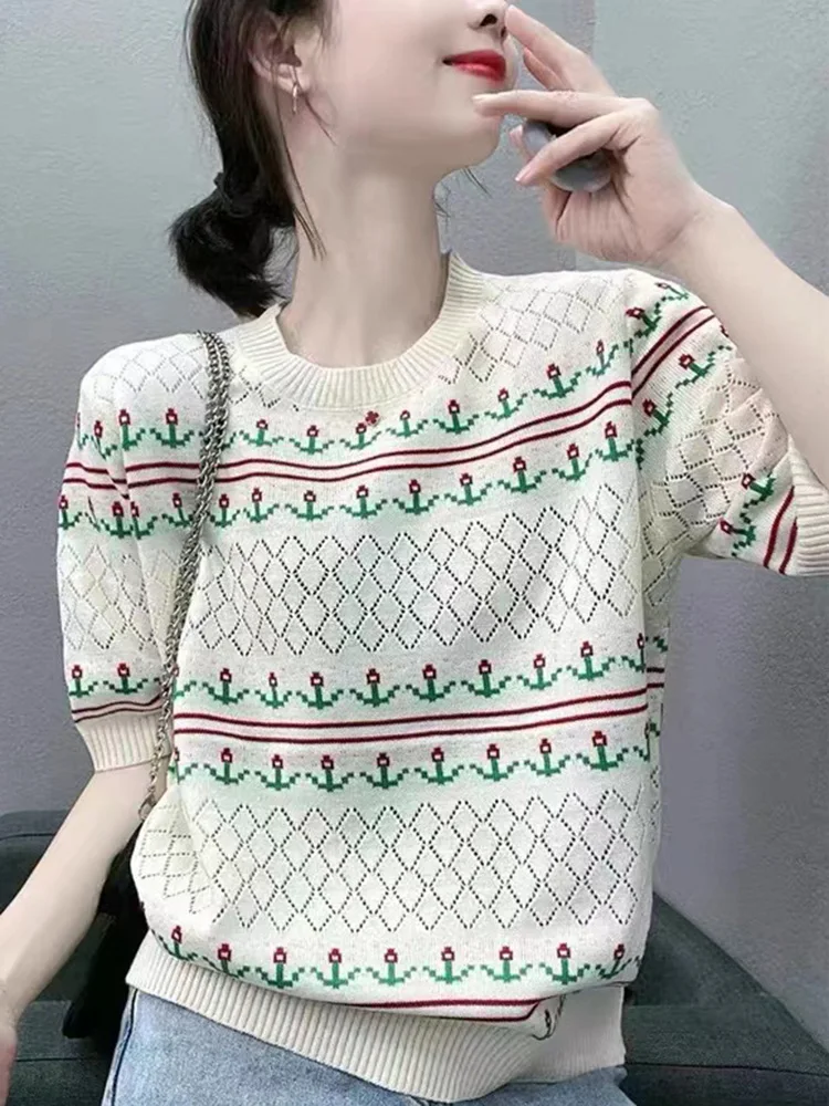 

Женская ажурная футболка с цветочным принтом Poleras, женская летняя Корейская одежда 2022, вязаная футболка, топ с коротким рукавом, женская фут...